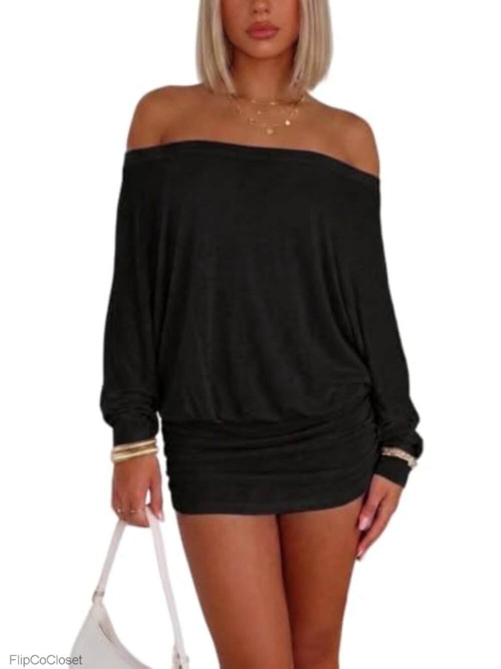 Y2K Off Shoulder Batwing Mini Dress Loose Fit Ruched